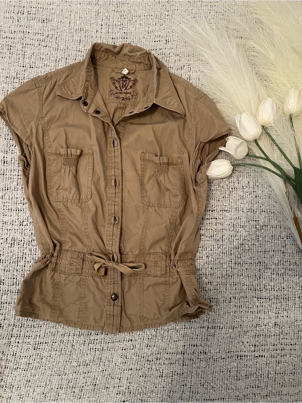 Steilmann Short-Sleeve Button Front Utility Top - Tan